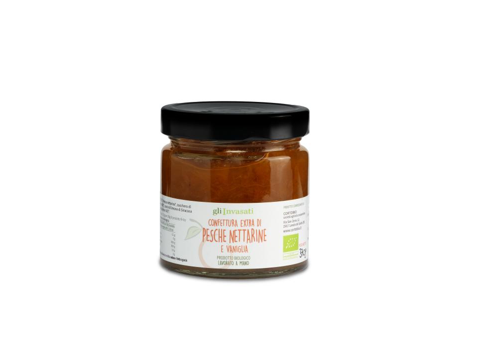 Vasetto in vetro di confettura extra di pesche nettarine e vaniglia biologica (370g) prodotta nel nostro laboratorio