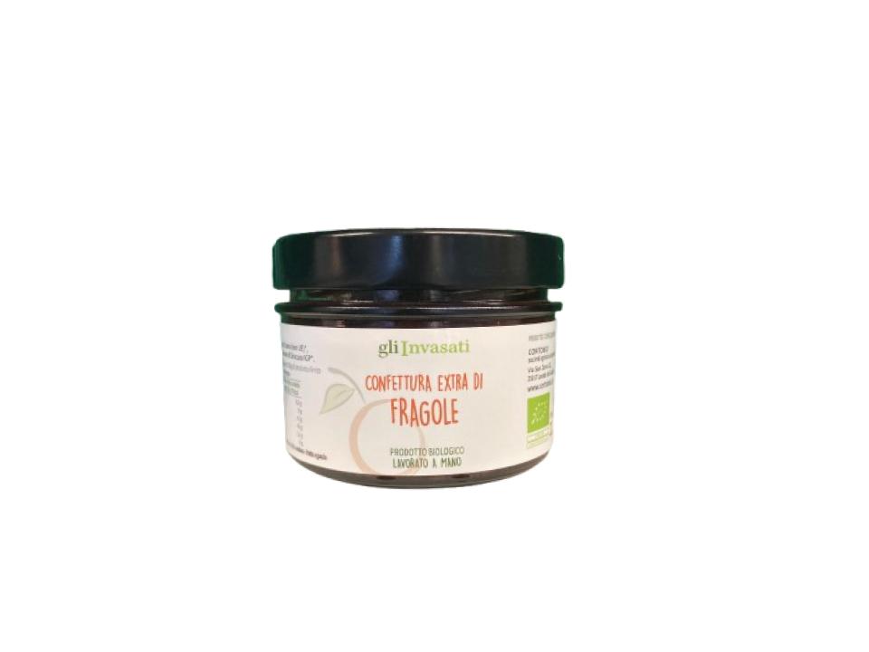 Vasetto in vetro di confettura extra di fragole biologiche (220g) prodotta nel nostro laboratorio